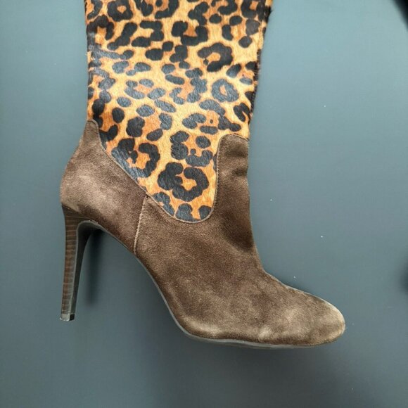 RALPH LAUREN Halina Brown Suede Leather Animal Hair Calf High Boots Heels Size 8 - Picture 7 of 14
